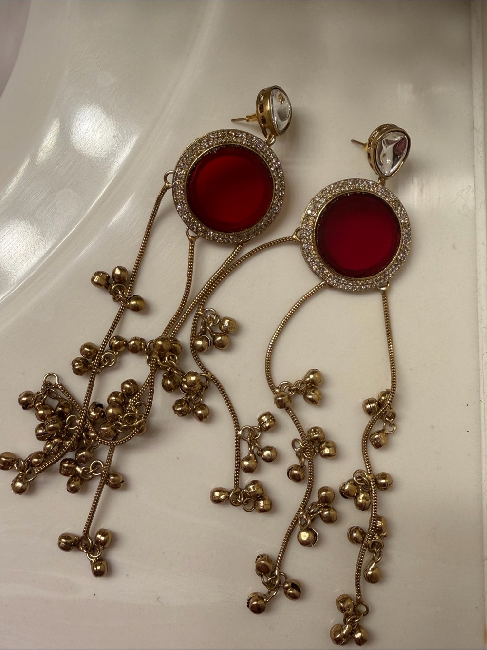 Kashmiri ghungroo Earrings with Red Center gemstone with antique polish